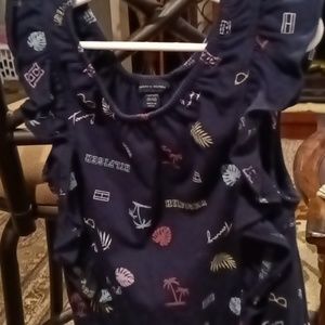 TOMMY HILFIGER blue multi-colored short romper w elastic tie belt Sz Med (8/10)